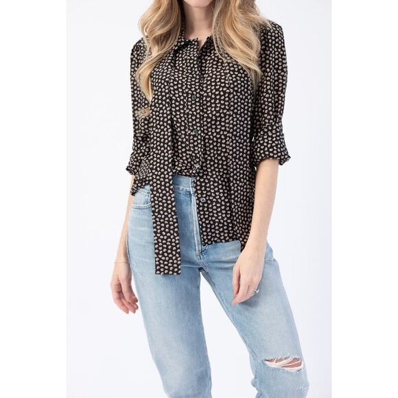 Re/Done 70s Tie Blouse in Beige and Black Croissant Print Size S - Picture 11 of 12